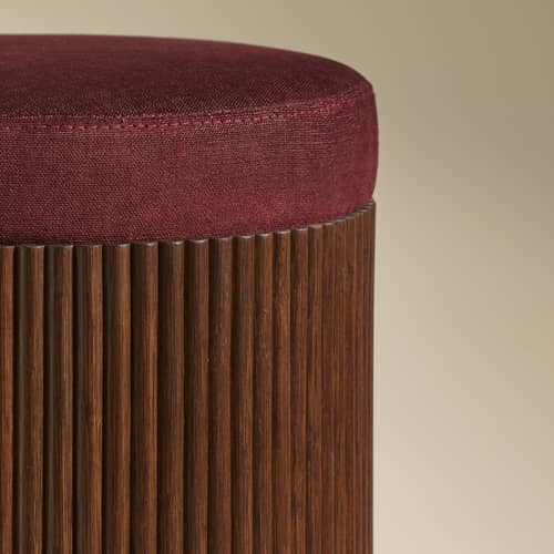 Pouf Riviera tissu rouge / Table d\'appoint (coussin amovible) - Rotin & lin - Ø 36 x H 45 cm - Maison Sarah Lavoine - Mazarin / Rotin foncé - Bois, Lin, Mousse, Rotin