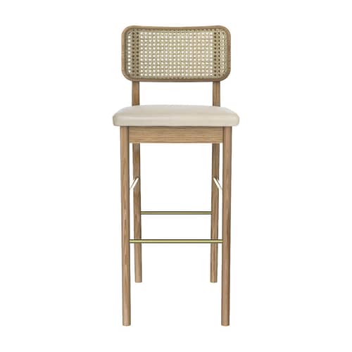 Chaise de bar rembourrée Cannage cuir blanc / H 65 cm - RED Edition - Cuir Vanille / Chêne - Cannage de rotin, Chêne massif, Cuir, Mousse