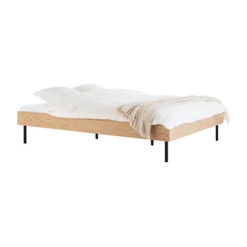 Streiko Double bed natural wood / For mattress 160 x 200 cm - Bed base included - NOO.MA - Oak / Black base, legs - Oak veneer, Steel