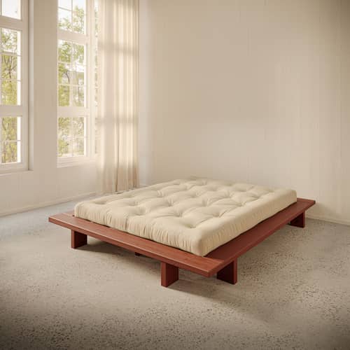 Lit double Japan bois rouge / Pour matelas 160 x 200 cm - KARUP - Rouge terre - Pin massif certifié FSC