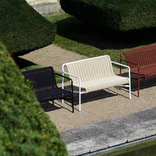 Panca con schienale Palissade Cord Dining tessuto bianco / L 128 cm - Corda in tessuto riciclato - Hay - Bianco cremoso - Acciaio laccato epossidico, Corda in tessuto di poliestere riciclato
