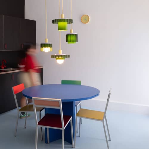 Gigi Pendant plastic material multicoloured No. 1 / Ø 28 x H 21 cm - Recycled plastic, made in France - Warren & Laetitia - Olivia / Pale yellow, light green, and lilac cable - Recycled plastic