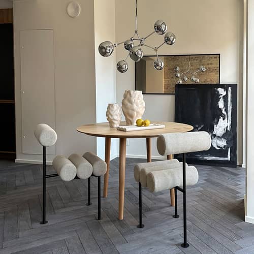 Chaise rembourrée Hiro tissu beige - 101 COPENHAGEN - Lin beige / Noir - Acier thermolaqué, Lin, Mousse