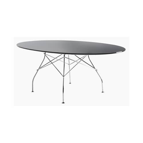 Ovaler Tisch Glossy Glass glas schwarz / oval - 194 x 120 cm - Tischplatte aus Glas - Kartell - Schwarz / Fuß chrom-glänzend - Glas, verchromter Stahl