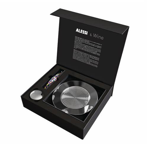 Coffret Alessi & Wine métal noir / Tire-bouchon + bouchon + dessous de bouteille - Alessi - Coffret noir - Acier, Fonte d\'aluminium, Polycarbonate