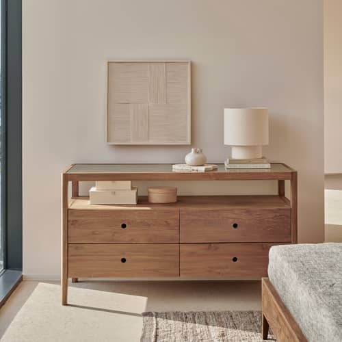 Kommode Spindle holz braun / B 150 x T 56 x H 83 cm - Recyceltes Teakholz - Ethnicraft - Teakholz / Rauchgraues Glas - Einscheiben-Sicherheitsglas, Massives recyceltes Teakholz