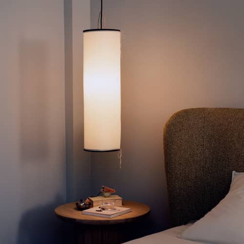 Suspension Silk Lantern beige / Soie naturelle - H 70 cm - Gubi - Beige - Placage de bois, Soie naturelle