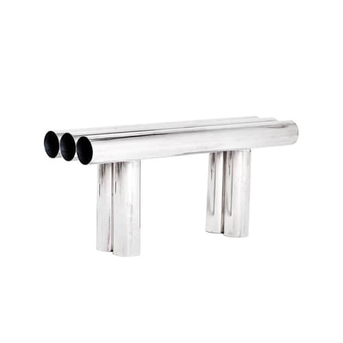 Bank Septem grau silber metall / Aluminiumrohre - L 100 cm - Axel Chay - Hochglanz - poliertes Aluminium