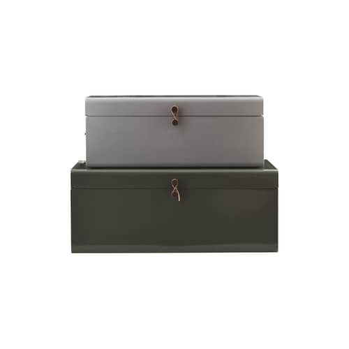 Metal Box metal green grey Set of 2 - 60 x 36 cm - House Doctor - Grey / Kaki green - Lacquered metal, Leather