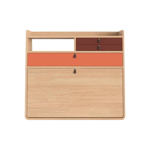 Secrétaire mural Gaston bois orange / L 80 x H 72 cm - Hartô - Corail épicé & bourgogne / Chêne naturel - MDF laqué, MDF plaqué chêne
