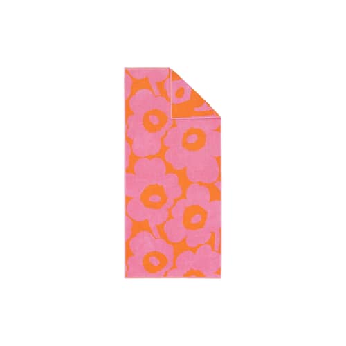 Asciugamano Unikko tessuto rosa / 70 x 150 cm - Marimekko - Unikko / Rosa e arancione - Spugna di cotone