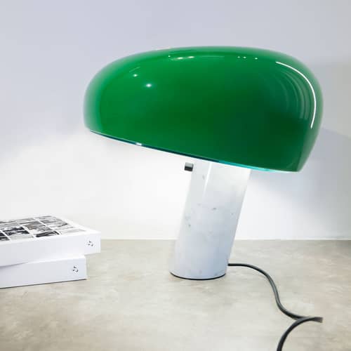 Lampe de table Snoopy métal vert / Edition limitée - Base marbre / Castiglioni, 1967 - Flos - Vert brillant - Marbre de Carrare, Métal peint