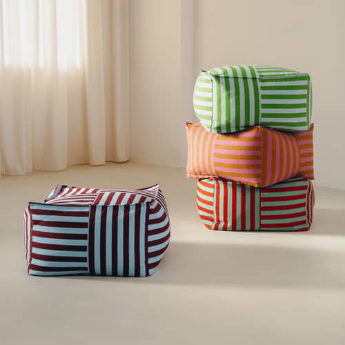 Pouf Otto tissu rouge / Repose-pieds - 55 x 55 cm - NOBODINOZ - Rouge & vert / Rayé - Coton bio, Polystyrène expansé