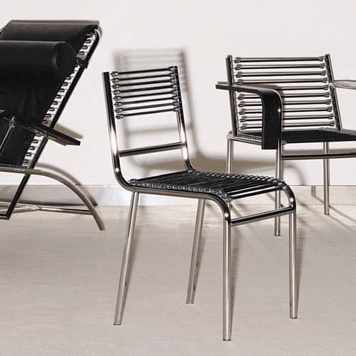Sedia Sandows N°212 tessuto nero / Ripubblicato nel 1927 - Petite Friture - Nero - Acciaio cromato, Corde Elastiche