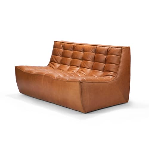 Canapé droit N701 cuir marron / 2 places - L 140 cm - Ethnicraft - Cognac - Bois, Cuir aniline, Mousse