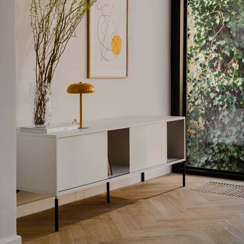 Meuble TV Met bois gris / L 160 x H 60 cm - NOO.MA - Gris amande - Acier, Mélamine, Verre texturé