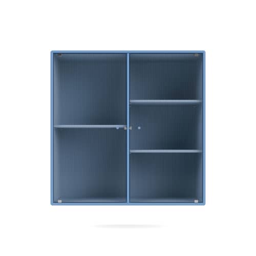 Wandablage Ripple II holz blau / Vitrine - B 69.6 x T 30 x H 69,6 cm / Gewelltes Glas - MONTANA - Azure 154 - Geriffeltes Glas, lackierte Holzfaserplatte