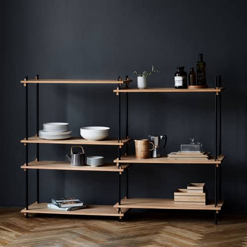 Regal Shelving System - s.115.1.A holz braun / B 85 x H 115 x T 35 cm - MOEBE - Räuchereiche / Blau - MDF Eichenfurnier, Stahl