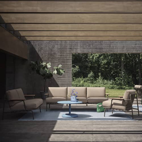 Canapé de jardin 2 places Settle / 152,5 cm - Muuto - Taupe / Tissu beige (Ribbed Weave 5) - Acajou, Acier, Mousse, Sangle polyester, Tissu d\'extérieur
