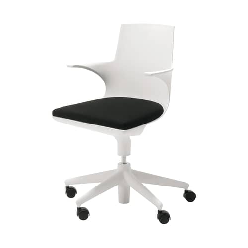 Spoon Chair Armchair on casters plastic material white / Padded - Kartell - White/ black cushion - Polypropylene