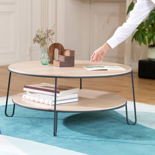 Table basse Eugénie Large   / Ø 90 - Chêne - Hartô - Gris ardoise / Chêne naturel - Acier laqué, MDF plaqué chêne