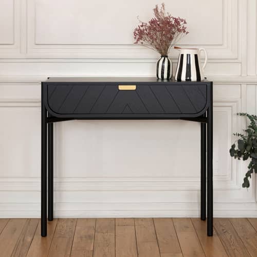 Console Marius bois noir / Avec tiroir - L 100 cm - Hartô - Chêne teinté noir - Chêne massif teinté, Laiton, MDF plaqué chêne teinté