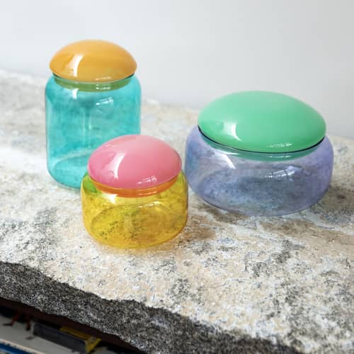 Boîte Puffy verre multicolore / Ø 18 x H 12,5 cm - & klevering - Ø 18 x H 12,5 cm / Vert & lilas - Verre