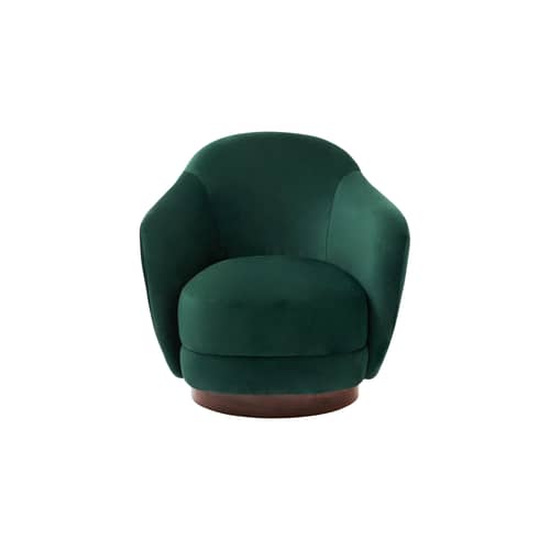 Fauteuil pivotant Bozzolo tissu vert / Moyen modèle - L 75 cm / Laine bouclette - Maison Sarah Lavoine - Vert (velours) / Base noyer - Mousse polyuréthane, Placage de noyer, Velours polyester