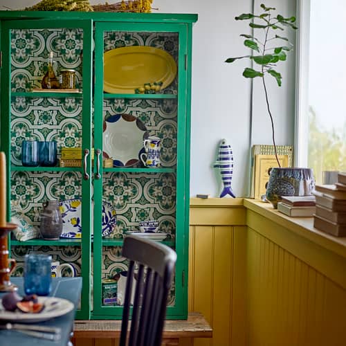 Rangement mural Hazem / Vitrine - L 81 x P 22 x H 122 cm - Bloomingville - Vert sapin / Fond motifs - MDF, Sapin peint, Verre trempé