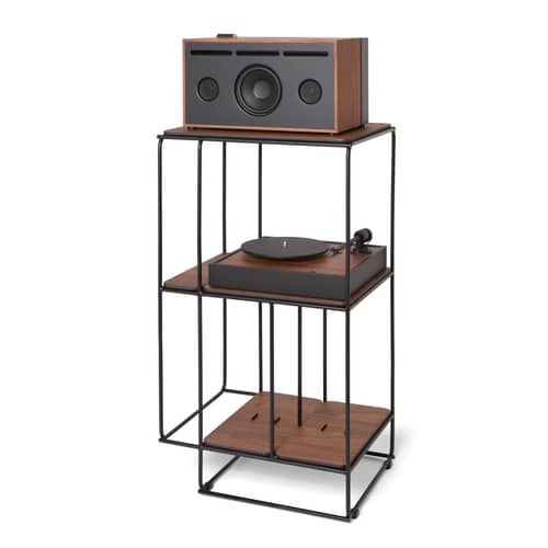 Meuble acoustique Lines bois naturel / Pour matériel audio - 50 x 88 x P 39 cm (horizontal ou vertical) - La Boîte Concept - Noir / Noyer - Acier, Cuir, Noyer