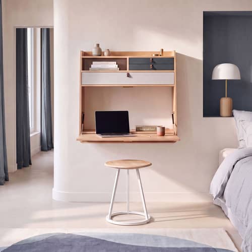 Secrétaire mural Gaston gris bois naturel / L 80 x H 72 cm - Chêne - Hartô - Gris clair & Anthracite / Chêne - MDF plaqué chêne
