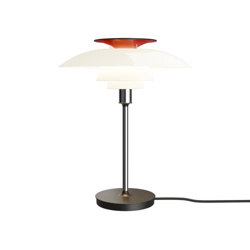 Lampe de table PH 80 / 1974 - Louis Poulsen - Blanc opalin & rouge/ Pied chromé & noir - Acrylique opalin, Aluminium