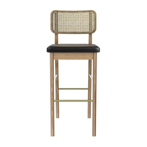Cannage Bar stool cane & fibres natural wood / H 65 cm - Leather - RED Edition - Black leather / Oak - Brass, Foam, Leather, Rattan, Solid oak