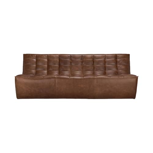 Canapé droit N701 cuir marron / 3 places - L 210 cm / Seconde vie - Ethnicraft - Châtaigne - Bois, Cuir aniline, Mousse PU haute densité