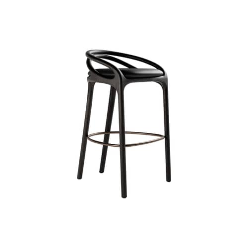 Tabouret haut Aleta INDOOR cuir noir / H 78,5 cm - MORPHO - Cuir noir / Brun foncé - Cuir semi-aniline, Métal, Mousse haute densité, Teck massif