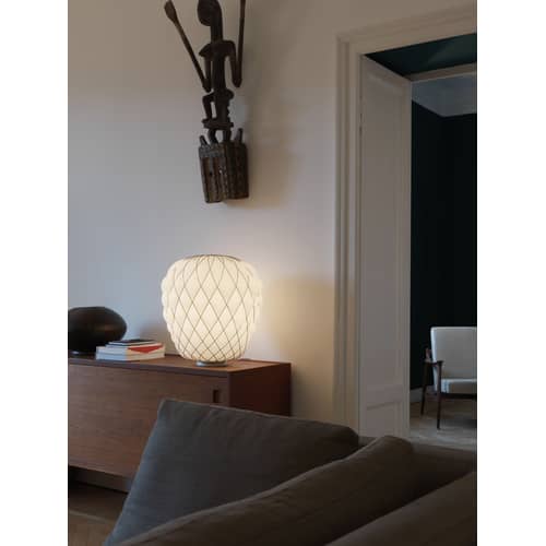 Tischleuchte Pinecone glas weiß / Ø 50 x H 52 cm - Glas & Metallgitter - Fontana Arte - Weiß / Gitternetz chromefarben - Metall, mundgeblasenes Glas