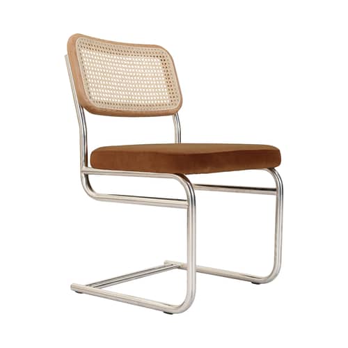 Gepolsterter Stuhl Uberto faser braun / Rattan-Geflecht - NV GALLERY - Karamel (Velours) / Natürliche Esche - Esche massiv, Rattan-Geflecht, Velours