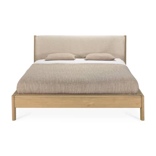 Letto matrimoniale PI legno beige / Testata letto imbottita - Per Materasso 180 x 200 cm - Ethnicraft - Per materasso 180 x 200 cm - Massello di quercia oliato, Tessuto