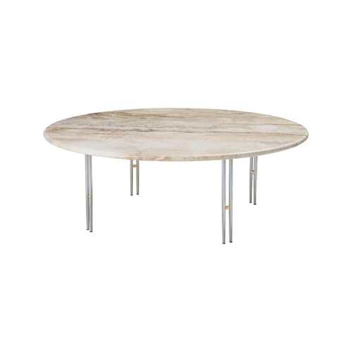 Table basse IOI marbre beige / Ø 100 x H 35 cm - Gubi - Marbre beige (Ripple) / Pied chromé - Acier laqué, Laiton, Marbre