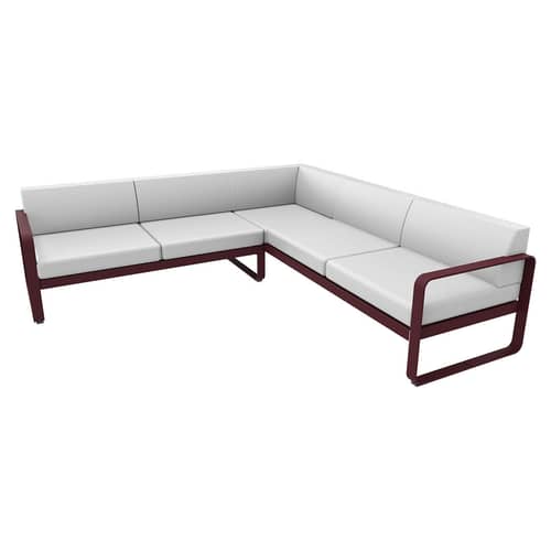 Canapé d\'angle de jardin Bellevie métal tissu blanc / n° 2 A - 229 x 235 cm - Tissu blanc grisé - Fermob - Cerise noire / Tissu blanc grisé - Aluminium laqué, Mousse polyuréthane HR, Tissu acrylique