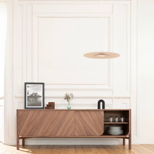 Sospensione Carmen Small tessuto beige / LED - Ø 50 cm - Hartô - Sabbia dorata - metallo verniciato, Tessuto accoppiato su PET