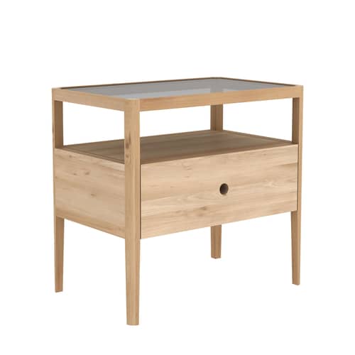 Nachttisch Spindle holz natur / Eiche massiv & Glas - 1 Schublade - Ethnicraft - Eiche / Glas transparent - Glas, massive Eiche