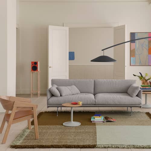 Sofa Outline Soft textil grau / 3-Sitzer – L 220 cm - Muuto - Grau (Clay 12) / Füße aus poliertem Aluminium - FSC-zertifiziertes Holz, Kvadrat-Gewebe, PU-Schaum