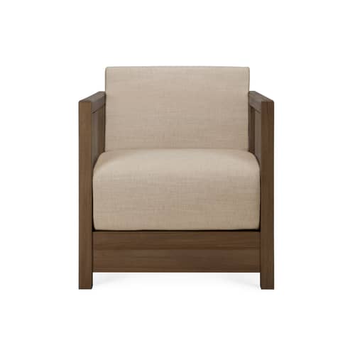 Fauteuil rembourré Roan - Ethnicraft - Beige lin / Teck marron - Mousse haute densité, Teck massif, Tissu