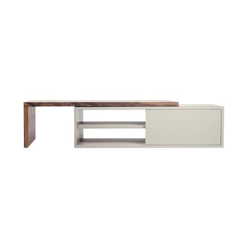 Meuble TV extensible Slide gris bois naturel / Pivotant - L 110 à 203 cm - POP UP HOME - Gris / Noyer - Panneaux d\'aggloméré peints, Placage de noyer