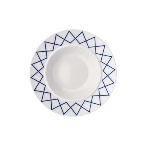 Set 4 assiettes creuses La Bella Tavola -  céramique blanc / Ettore Sottsass - Alessi - Motif bleu - Porcelaine fine