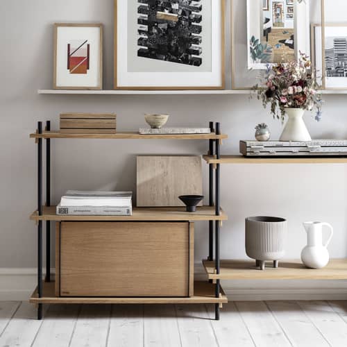 Étagère Shelving System – s.85.2.A bois naturel / L 162 x H 85 x Prof. 35 cm - MOEBE - Chêne naturel / Bleu - Acier, MDF placage chêne