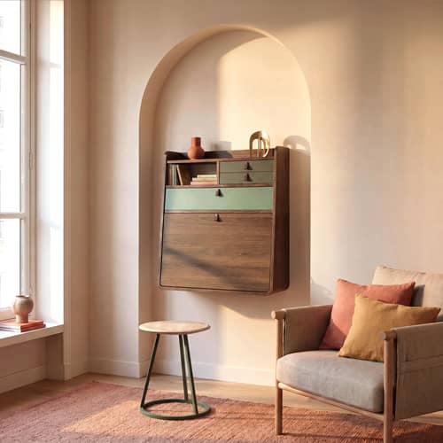 Secrétaire mural Gaston bois vert / L 60 x H 72 cm - Hartô - Vert cendré & vert sauge / Frêne marron - MDF laqué, MDF plaqué frêne teinté