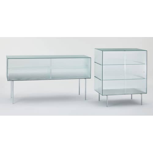 Buffet Commodore bas verre transparent / Verre quadrillé - L 180 x H 98 cm - Glas Italia - Translucide quadrillé / Pieds chromés - Métal chromé, Verre trempé