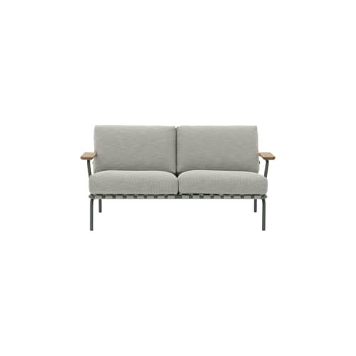 Canapé de jardin 2 places Settle tissu gris / 152,5 cm - Muuto - Vert foncé / Tissu gris clair (Ribbed Weave 2) - Acajou, Acier, Mousse, Sangle polyester, Tissu d\'extérieur